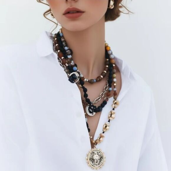 New Zara 4pc Layered Beaded Coin Necklace Set with Black, Brown, and Gold Tones - Picture 1 of 11